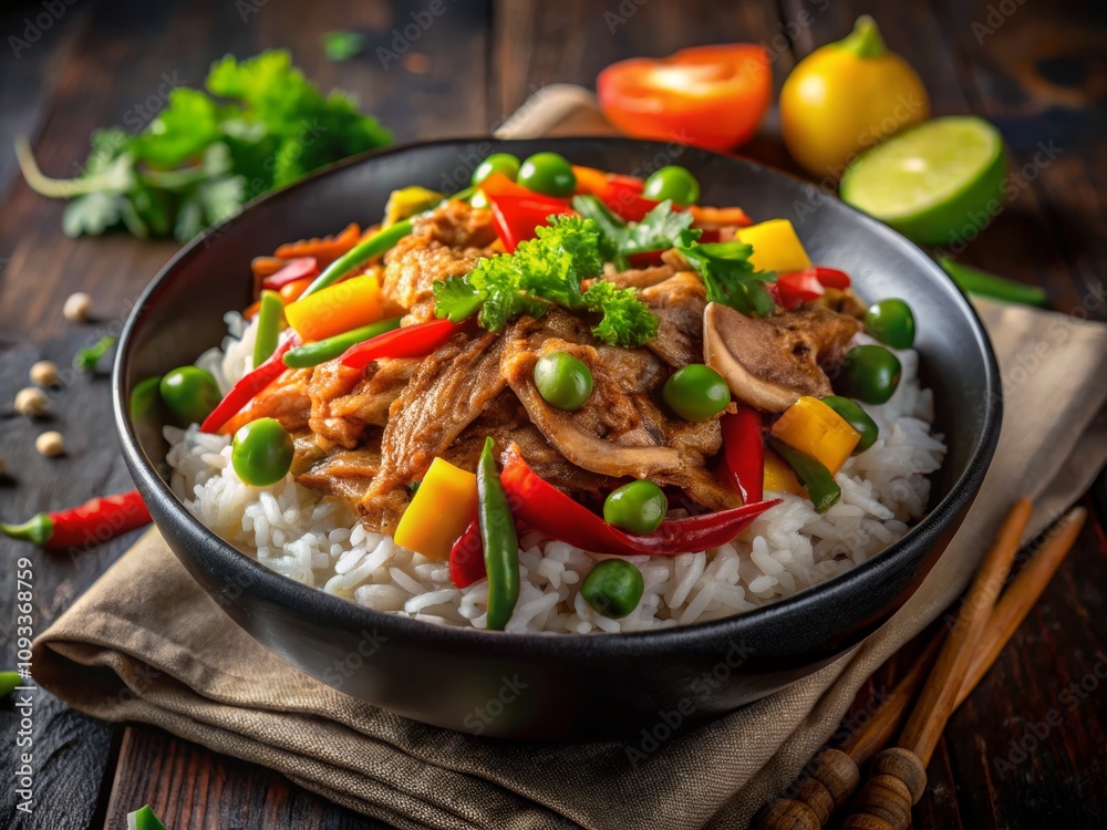 Savory Pulled Chicken Dish Served on Rice with Vibrant Vegetables and Fresh Herbs in a Rustic Setting Savory Pulled Chicken Dish Served on Rice with Vibrant Vegetables and Fresh Herbs in a Rustic Setting