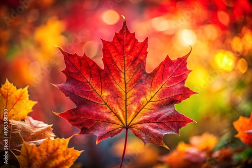 Vibrant Red Maple Leaf in Autumn: A Stunning Capture of Nature's Beauty with Bright Colors and Gentle Bokeh Effects for Seasonal Inspiration