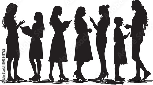 Vector Black and white vector silhouettes of women in various business and educational settings, including presentations, meetings, teaching, and discussions