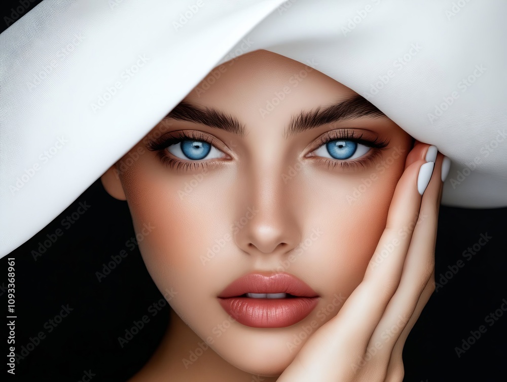 A woman with blue eyes and a white hat covering her face A woman with blue eyes and a white hat covering her face
