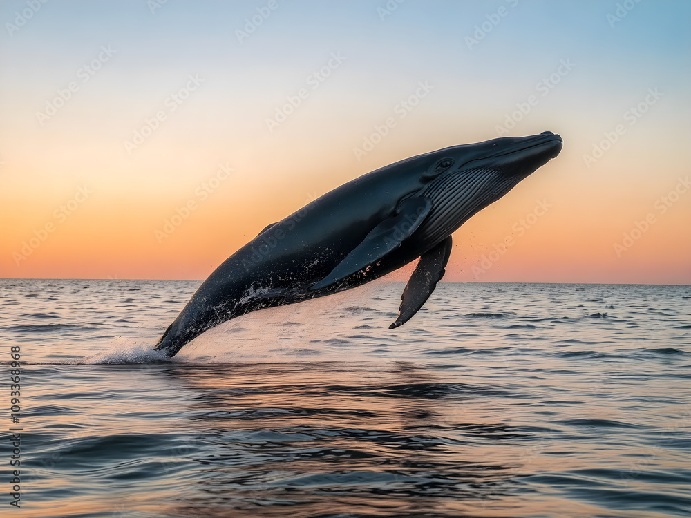 Fototapeta premium A humpback whale breaches the ocean surface, its massive body silhouetted against the setting sun