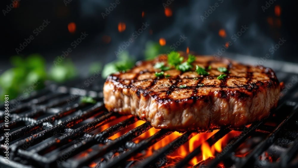 Grilled meat steak sizzling on a stainless steel grill with flames flickering against a dark backdrop. Focused on the texture of the meat, with empty space for text or design elements Grilled meat steak sizzling on a stainless steel grill with flames flickering against a dark backdrop. Focused on the texture of the meat, with empty space for text or design elements