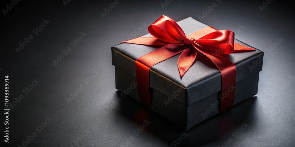 Elegant Black Gift Box with Red Ribbon on Isolated Dark Background, Perfect for Celebrations and Special Occasions, Adding a Touch of Luxury and Mystery Elegant Black Gift Box with Red Ribbon on Isolated Dark Background, Perfect for Celebrations and Special Occasions, Adding a Touch of Luxury and Mystery