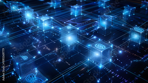 Dynamic blockchain background with interconnected blocks and radiant energy streams