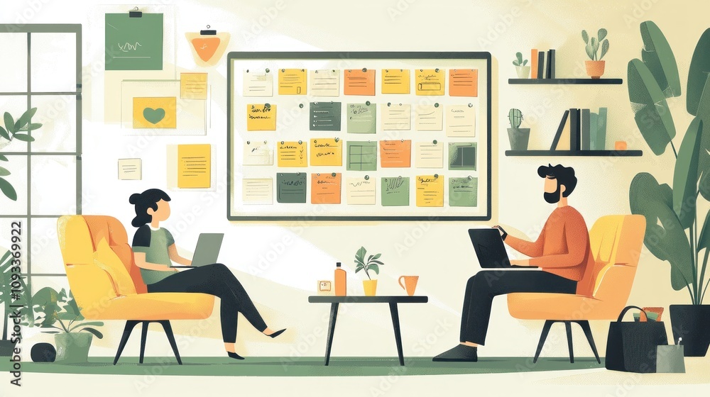 Cozy Family Workspace Illustration Featuring Two People Engaged in Creative Activity with Notes and Plants in a Bright and Inviting Environment Cozy Family Workspace Illustration Featuring Two People Engaged in Creative Activity with Notes and Plants in a Bright and Inviting Environment