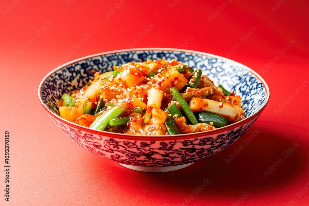 A vibrant and spicy Korean kimchi dish featuring fresh vegetables. This traditional homemade meal, set against a red background, with generative ai