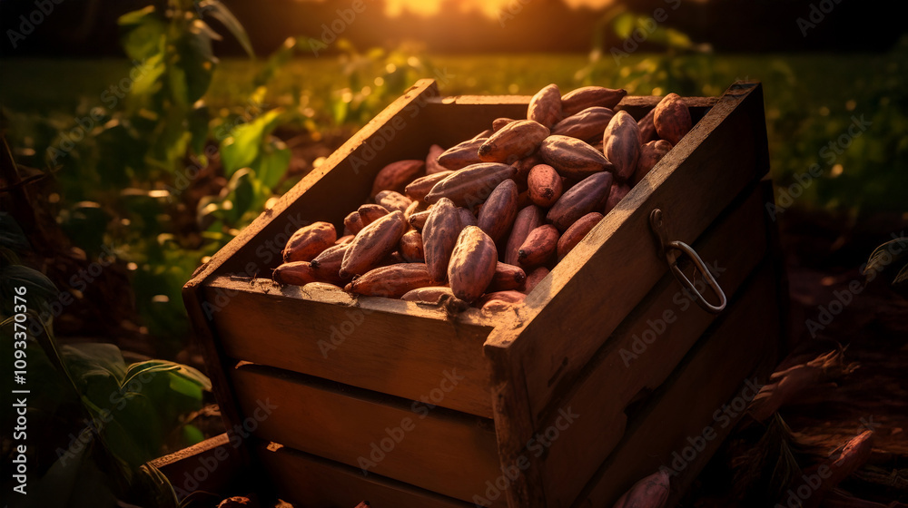 Cocoa beans harvested in a wooden box in a plantation with sunset. Natural organic fruit abundance. Agriculture, healthy and natural food concept. Horizontal composition.