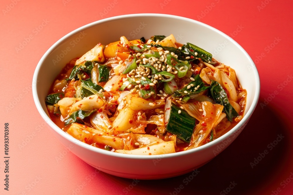 A vibrant and spicy Korean kimchi dish featuring fresh vegetables. This traditional homemade meal, set against a red background, with generative ai A vibrant and spicy Korean kimchi dish featuring fresh vegetables. This traditional homemade meal, set against a red background, with generative ai