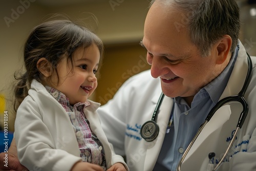 doctor and child enjoying pediatric care with a medical professional in a friendly interaction showcasing healthcare concept and stethoscope photo