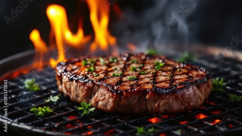 Grilled meat steak sizzling on a stainless steel grill with flames flickering against a dark backdrop. Focused on the texture of the meat, with empty space for text or design elements
