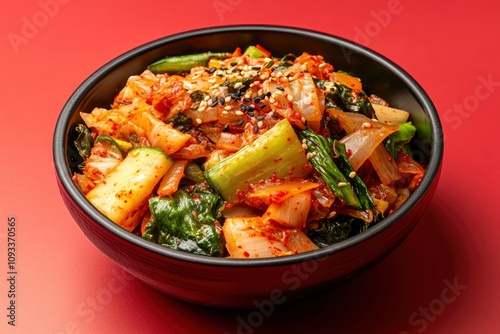 A vibrant and spicy Korean kimchi dish featuring fresh vegetables. This traditional homemade meal, set against a red background, with generative ai