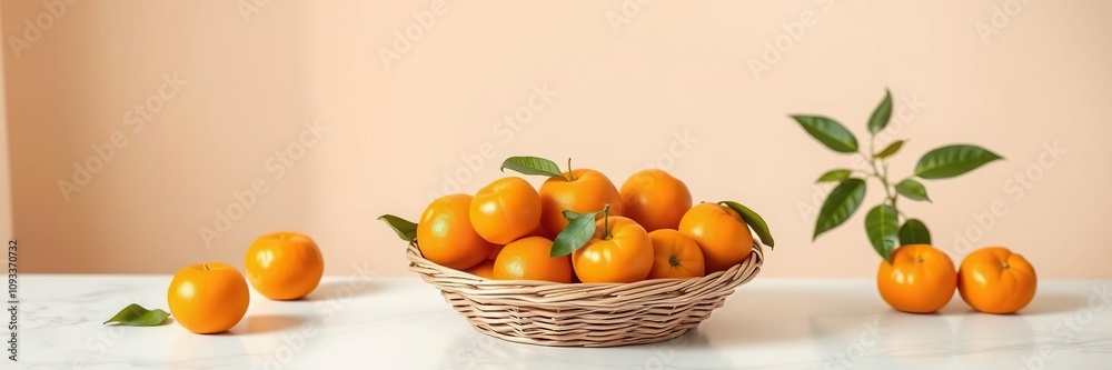 Aesthetic arrangement of tangerines in a woven basket on a clean white table with subtle sheen, set against a warm and inviting minimalist beige backdrop, still life, fruit display Aesthetic arrangement of tangerines in a woven basket on a clean white table with subtle sheen, set against a warm and inviting minimalist beige backdrop, still life, fruit display