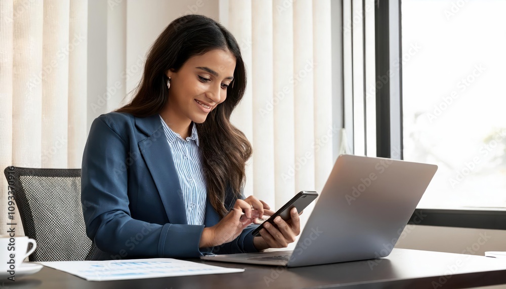Professional Indian Woman Multitasking Mobile Phone and Laptop Online Work Professional Indian Woman Multitasking Mobile Phone and Laptop Online Work