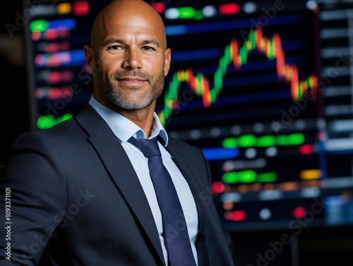 A man in a suit and tie standing in front of a stock market display