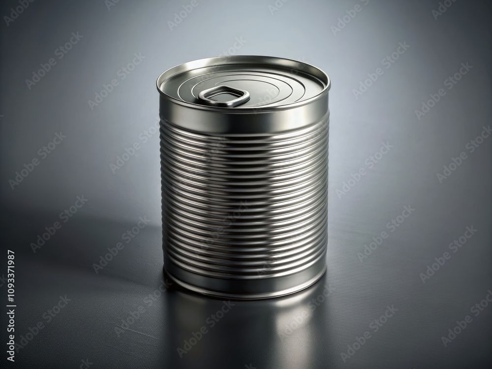Gray Tin Can on Dark Background with Elegant Lighting, Perfect for Modern Design Projects or Food Packaging Concept Illustrations Gray Tin Can on Dark Background with Elegant Lighting, Perfect for Modern Design Projects or Food Packaging Concept Illustrations