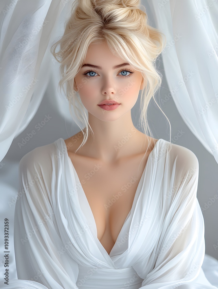 A beautiful young woman is meditating at home, wearing luxurious white clothes. The sunlight is shining down, the fabric is flowing, the beauty is timeless. This image gives a sense of peace. A beautiful young woman is meditating at home, wearing luxurious white clothes. The sunlight is shining down, the fabric is flowing, the beauty is timeless. This image gives a sense of peace.
