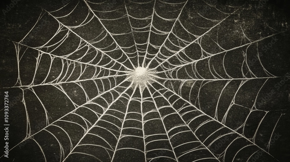 Obraz premium Close-up of a spider web on a vintage black background for Halloween-themed designs. 