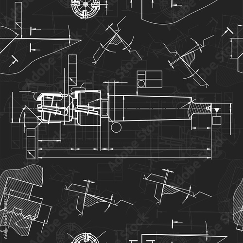Mechanical engineering drawings on black background. Tap tools, borer. Technical Design. Cover. Blueprint. Seamless pattern. Vector illustration.