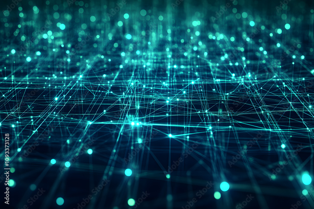 Detailed network connection background with glowing nodes and flowing luminous digital data Detailed network connection background with glowing nodes and flowing luminous digital data
