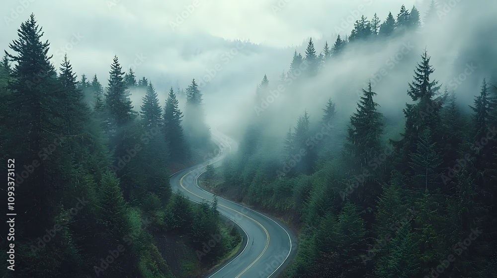 Aerial perspective of a misty forest, a narrow road meandering gracefully through the canopy Aerial perspective of a misty forest, a narrow road meandering gracefully through the canopy