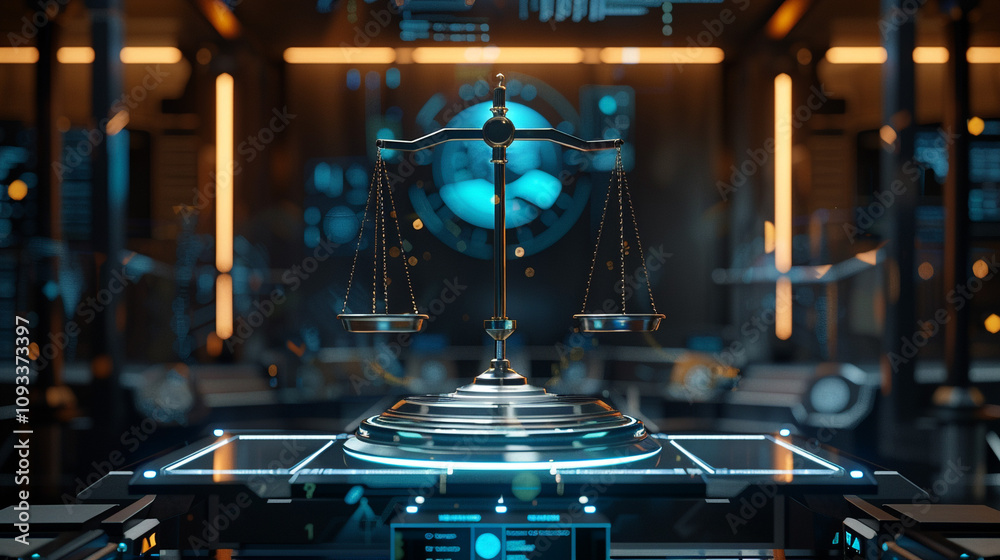A sleek digital scale symbolizing balanced decision-making, with AI holograms on one side and symbols of privacy and ethics on the other, in a futuristic tech-themed room.
