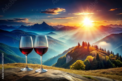 Serene Landscape with Mountains and Hills Under Cold Blue Tones at Sunrise, Featuring Two Glasses of Red Wine Amidst a Scenic View