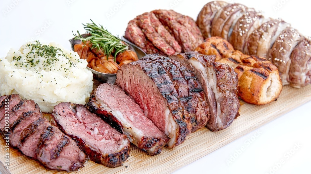 Sliced grilled meats, mashed potatoes, roasted vegetables, and bread on wooden board. Sliced grilled meats, mashed potatoes, roasted vegetables, and bread on wooden board.