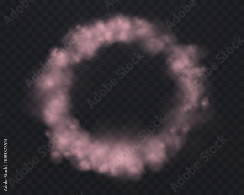 Realistic pink smoke circle or haze on a transparent background. Magic fog, vapor. Vector illustration.