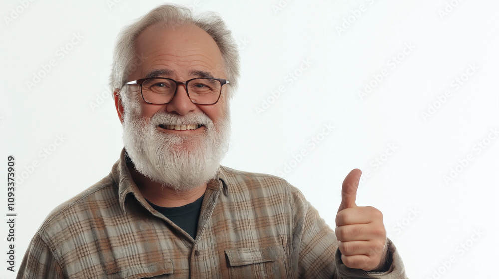 Smiling Grandfather on the right side of the screen on an isolated background points his thumb to the side Smiling Grandfather on the right side of the screen on an isolated background points his thumb to the side