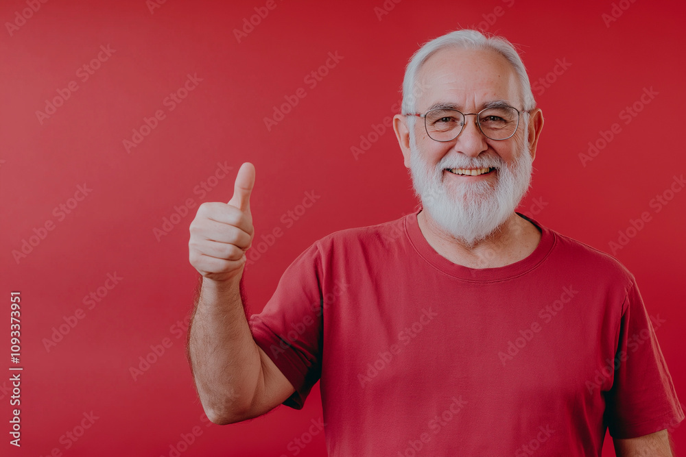 Smiling Grandfather on the right side of the screen on an isolated background points his thumb to the side Smiling Grandfather on the right side of the screen on an isolated background points his thumb to the side