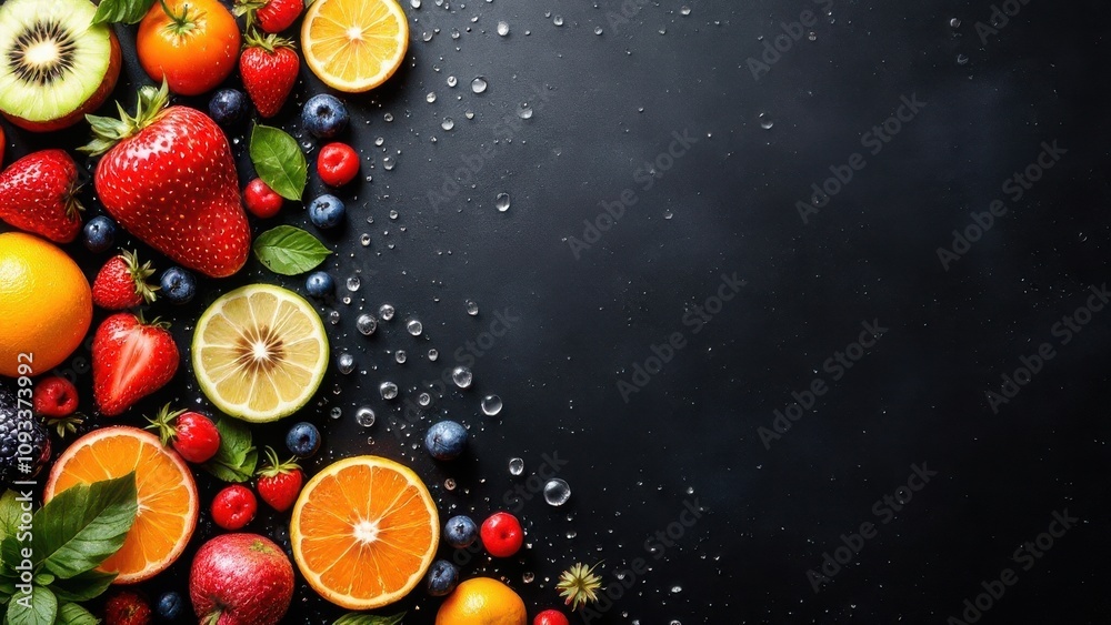 A dark background with vibrant, fresh fruit such as oranges, strawberries, and grapes, glistening with water droplets. The image captures the fruits' textures in high detail A dark background with vibrant, fresh fruit such as oranges, strawberries, and grapes, glistening with water droplets. The image captures the fruits' textures in high detail