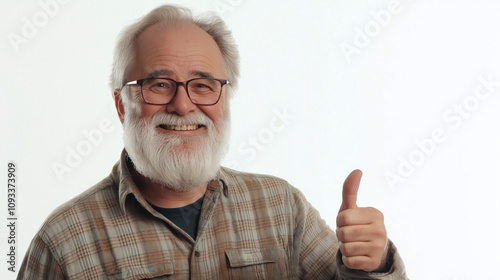 Smiling Grandfather on the right side of the screen on an isolated background points his thumb to the side