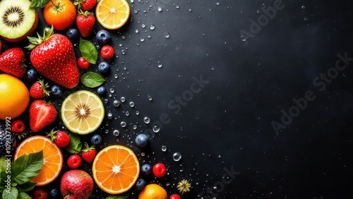 A dark background with vibrant, fresh fruit such as oranges, strawberries, and grapes, glistening with water droplets. The image captures the fruits' textures in high detail