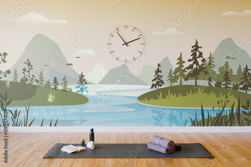  Ilustración de una sala de yoga minimalista con una esterilla, toallas y botellas de agua. Generado con IA photo