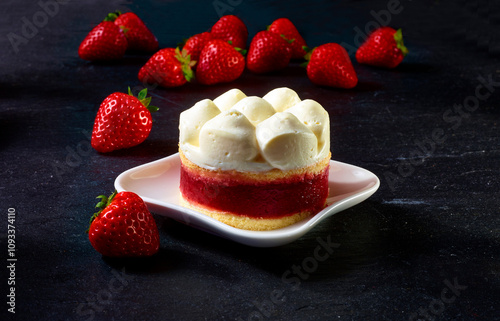 Tiramisu Erdbeer mit frischen Etdbeeren auf weissem Teller, Obst, Erdbeeren, Sahne, Dessert, photo