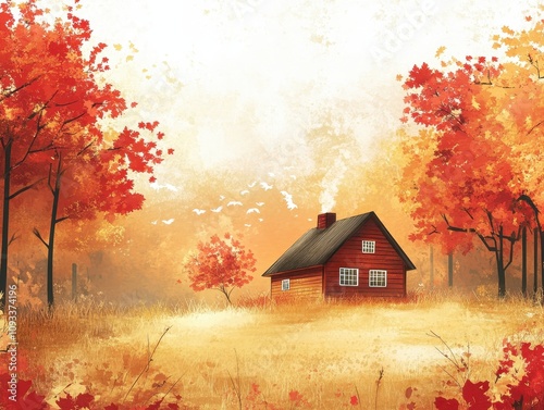 A cozy red cabin surrounded by vibrant autumn foliage and soft golden light.