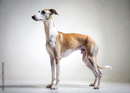 Elegant Profile of a Whippet Dog Posed on a White Background Captured in Studio Photography Showcasing Its Graceful Form and Unique Features