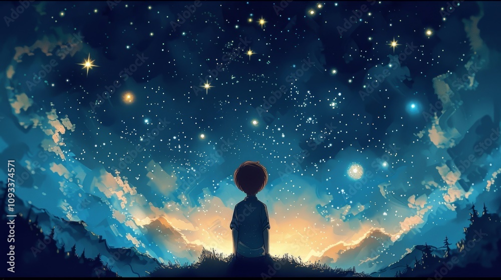 illustration of a boy looking at night starry sky, Generative AI illustration of a boy looking at night starry sky, Generative AI