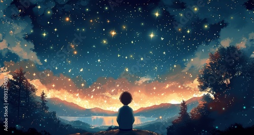 illustration of a boy looking at night starry sky, Generative AI