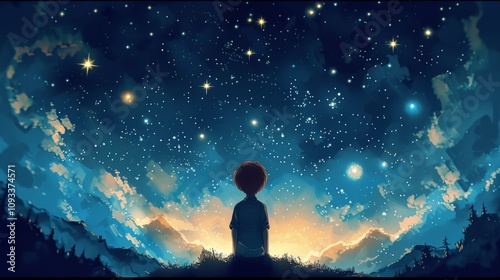 illustration of a boy looking at night starry sky, Generative AI