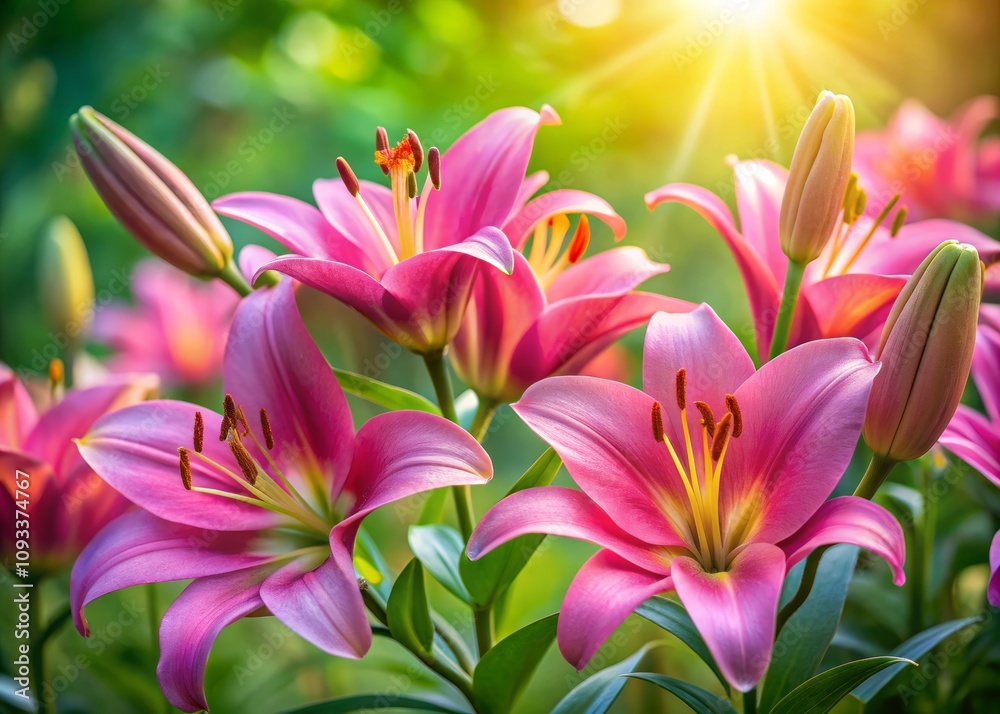 Stunning Pink Lilies in Full Bloom Against a Soft Green Background Illuminated by the Warm Glow of Sunrise in a Beautiful Garden Setting