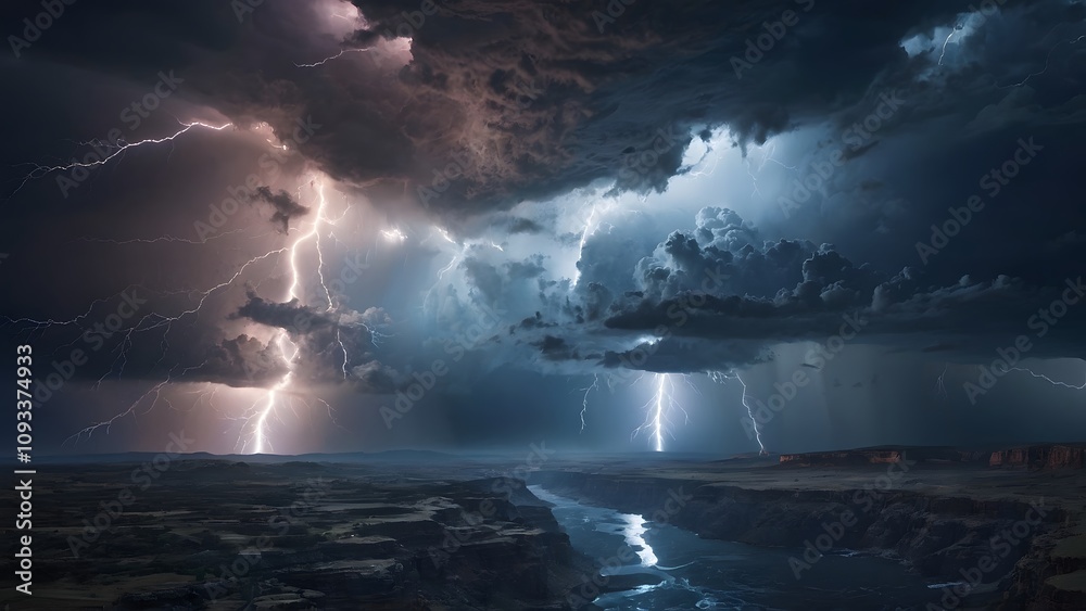 Fototapeta premium Dramatic Thunderstorm Illuminates River Canyon Landscape at Dusk
