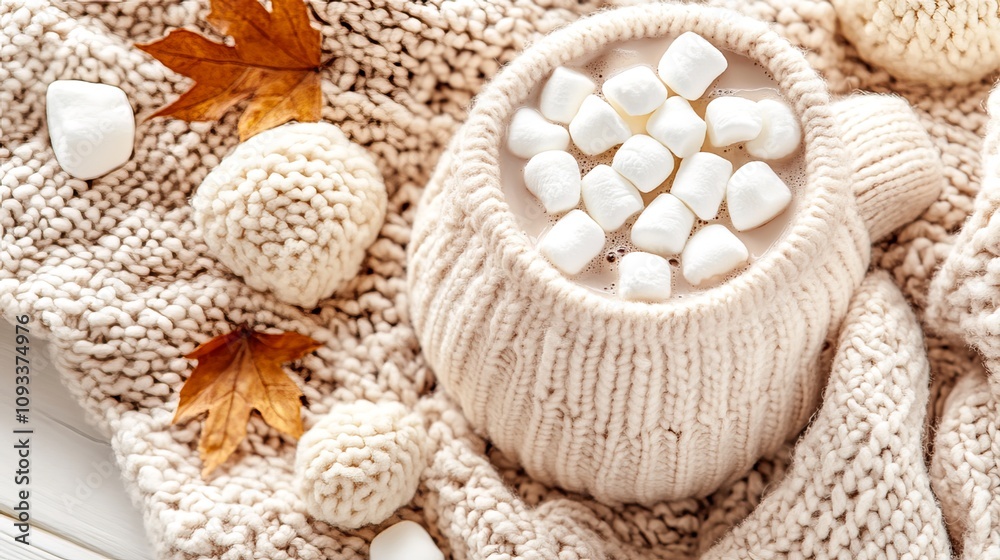 Autumn-themed flat lay with cozy mug of hot chocolate and marshmallows, warm sweater, and hygge decoration. Perfect for website banner or social media post. Autumn-themed flat lay with cozy mug of hot chocolate and marshmallows, warm sweater, and hygge decoration. Perfect for website banner or social media post.