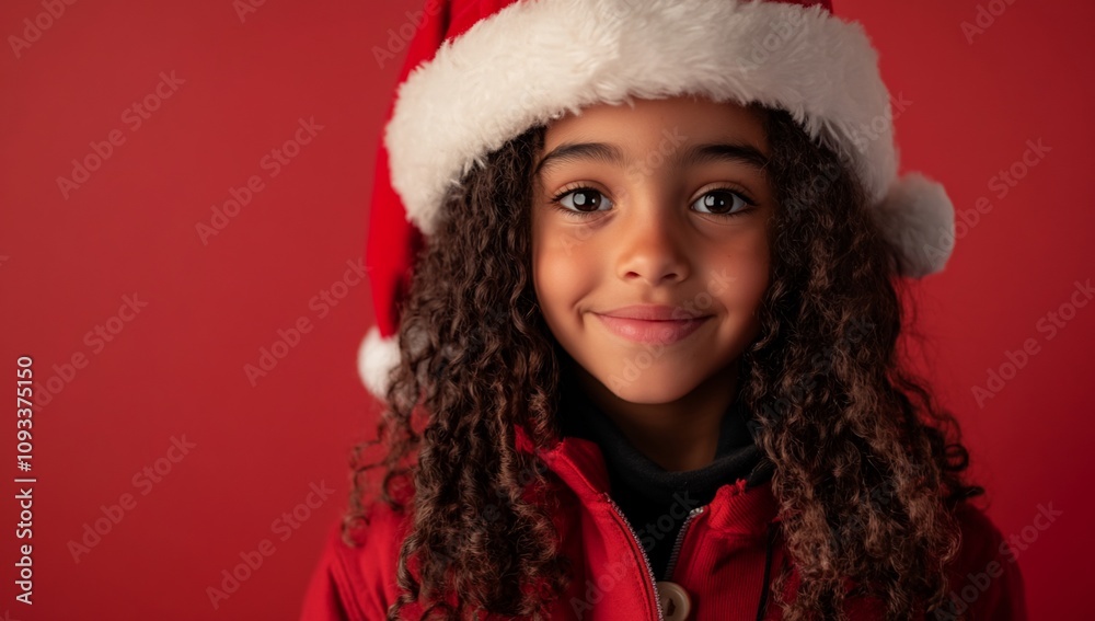 A smiling child in a Santa hat against a red background. A smiling child in a Santa hat against a red background.