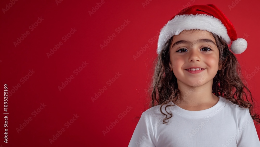 A smiling child wearing a Santa hat against a red background. A smiling child wearing a Santa hat against a red background.