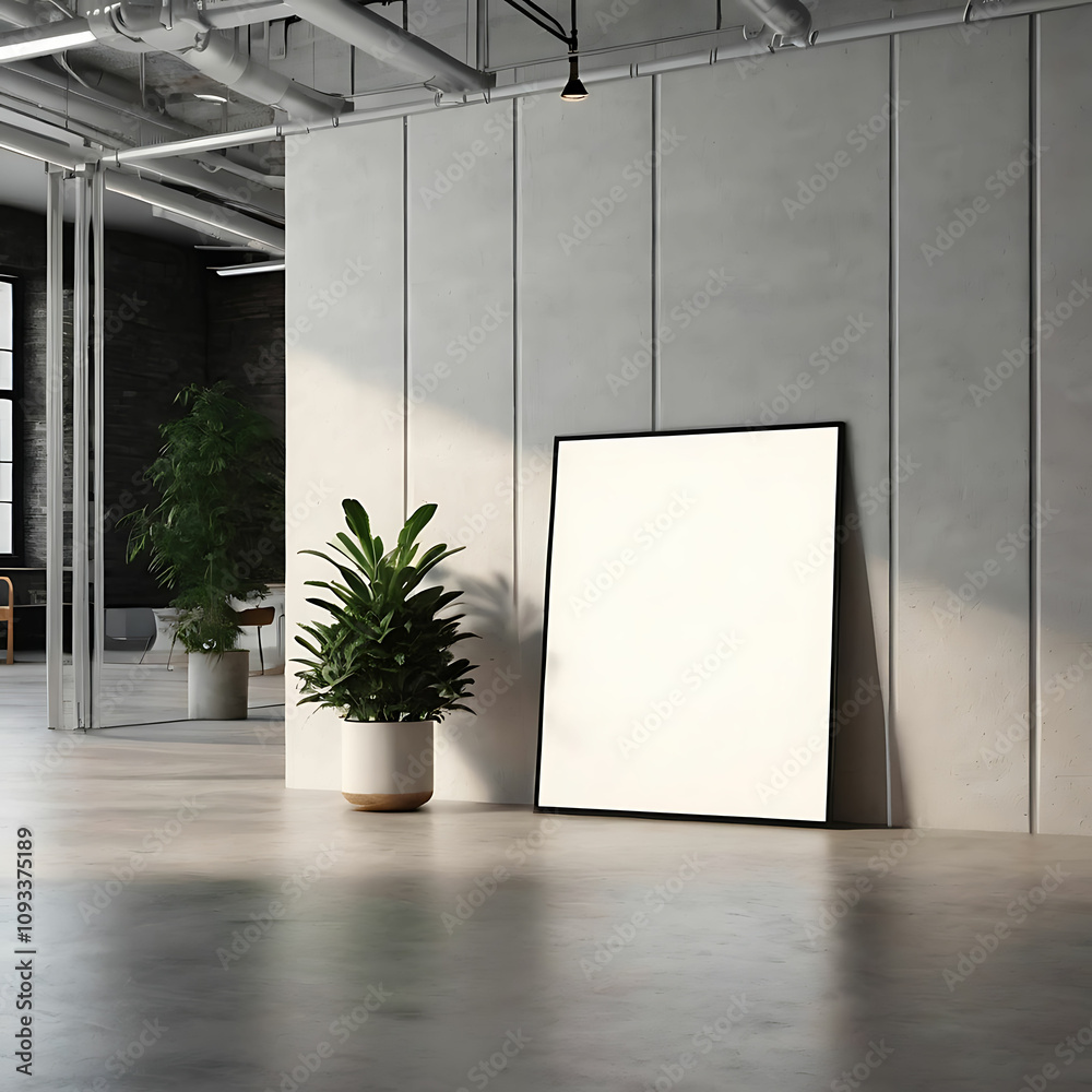 a large white painting is on the wall in a room with a plant and a plant in it. a large white painting is on the wall in a room with a plant and a plant in it.