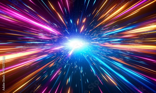 Light speed, hyperspace, space warp background. colorful streaks of light gathering towards the event horizon, Generative AI