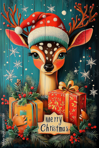 Nostalgisches Weihnachtsbild mit Bambi und Weihnachtsmütze, Geschenken, Blaue Holz Vintage Weihnachtstafel aus der Kindheit - MERRY CHRISMAS