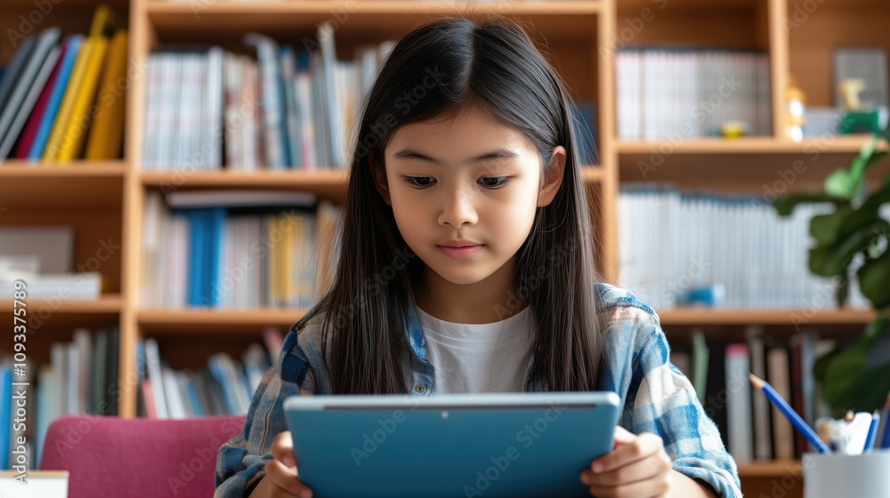 Asian girl school pupil distance learning online at remote virtual class with teacher by video conference call, watching webinar, zoom meeting lesson on digital tablet at home, generative ai Asian girl school pupil distance learning online at remote virtual class with teacher by video conference call, watching webinar, zoom meeting lesson on digital tablet at home, generative ai