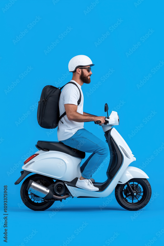 Man riding a white scooter against a bright blue backdrop while wearing a helmet Man riding a white scooter against a bright blue backdrop while wearing a helmet